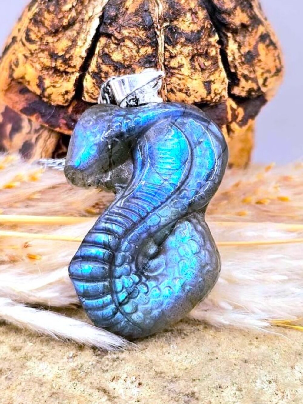 Nature Labradorite Snake Cobra Pendant Necklace